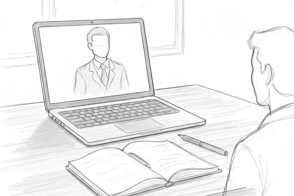 Een persoon kijkt naar een laptop met een man in kostuum op het scherm tijdens een online les.
