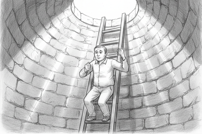 Man klautert een ladder in een stenen put met lichtbovenin. Man klautert een ladder in een stenen put met lichtbovenin.