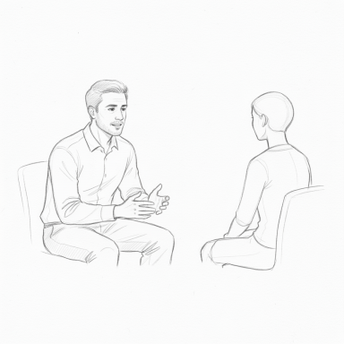 Twee mensen in gesprek, één zit en luistert, de ander spreekt met gebaren.