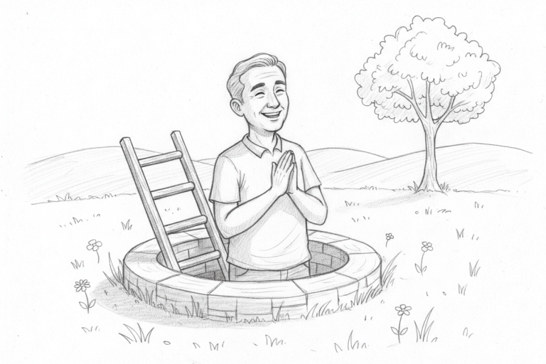 Man met een glimlach staat in een put, met een ladder en een boom op de achtergrond. Man met een glimlach staat in een put, met een ladder en een boom op de achtergrond.