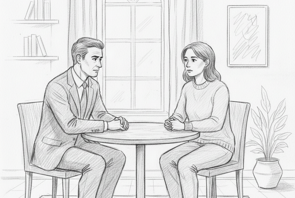 Twee mensen in gesprek aan een tafel, één man in pak en één vrouw in casual kleding.