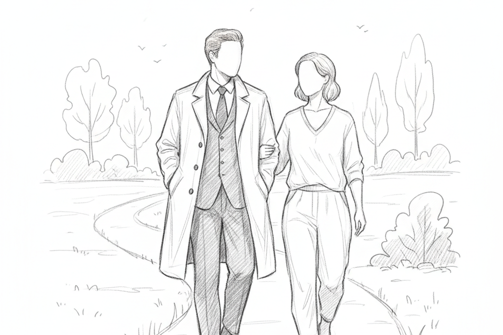Een man en vrouw wandelen samen langs een pad in een park.