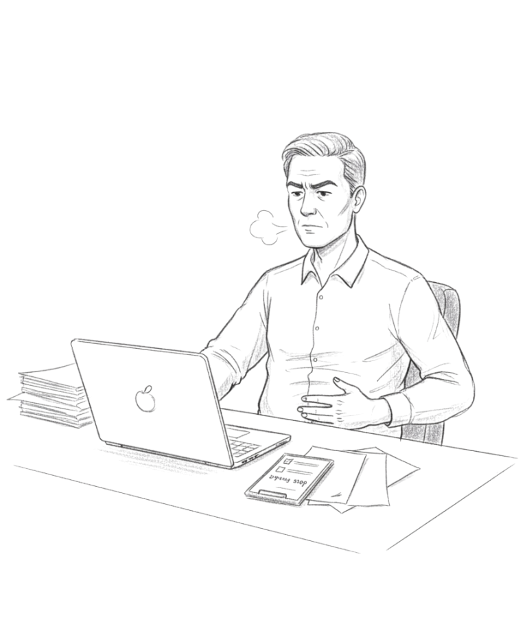 Illustratie – stress en overprikkeling achter laptop (coaching) Illustratie – spanning op werk, behoefte aan structuur en rust