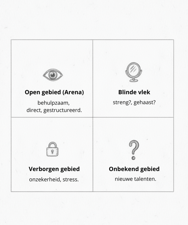 Johari-matrix – voorbeeld Johari-matrix – voorbeeld met open gebied, blinde vlek, verborgen en onbekend gebied