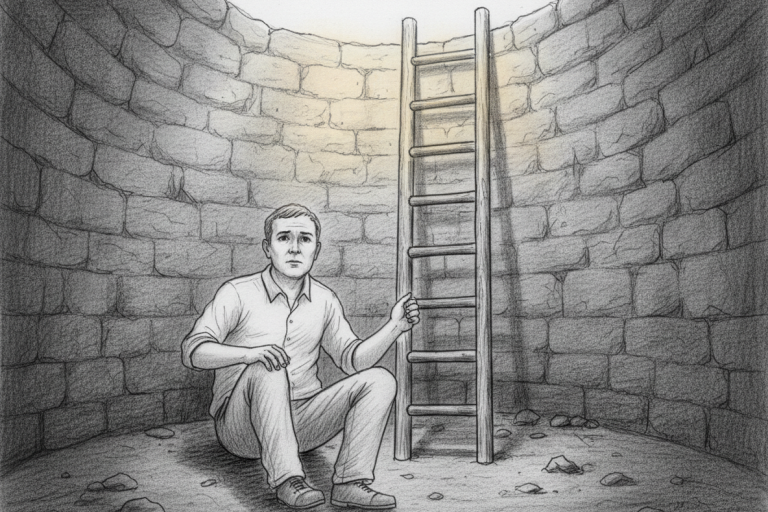 Een man zit op de bodem van een put en kijkt naar een ladder die naar boven leidt. Een man zit op de bodem van een put en kijkt naar een ladder die naar boven leidt.