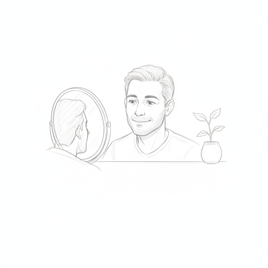 Jongeman kijkt in een spiegel met een plant op de achtergrond.